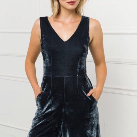 Teal Velvet Cropped Jumpsuit - Picture 1 of 5